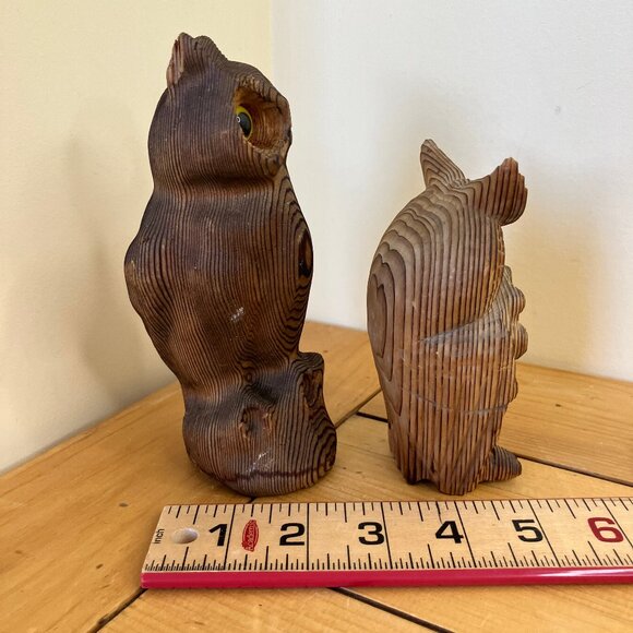 Carved Wooden Owl Figures Hand made Japan & Canada Set of 2 Bird Kadian Crafts - Picture 5 of 8